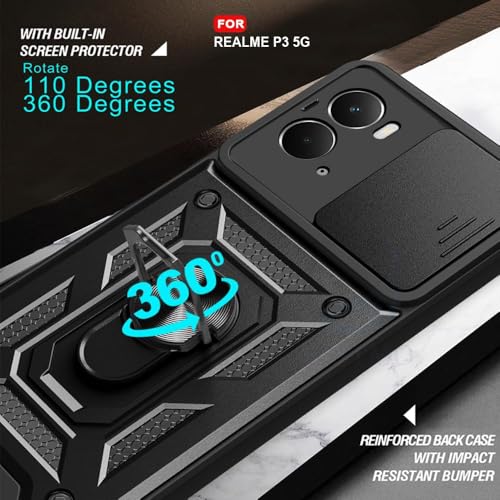 Image of Luxe Back Cover for Realme P3 5G | D10 Tough Armor Case | Sliding Camera Shield | 360 Protection | Kickstand Ring Holder | Military-Grade Shockproof Bumper Case