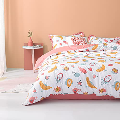 Simple&Opulence 100% Organic Cotton Duvet Cover For Kids Teens, 3 Piece Soft Cartoon Comforter Cover With Zipper Closure, Kawaii Girls Bedding Set With Colorful Fruits Pattern, Twin #TOP29