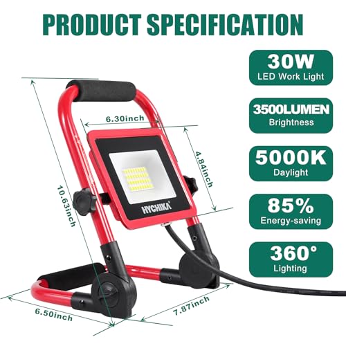 HYCHIKA 30W LED Work Light, 3500 Lumen Brightness Portable Flood Light with Stand, 6.6 ft Cord for Outdoor/Indoor LED, Car Repair - image 2