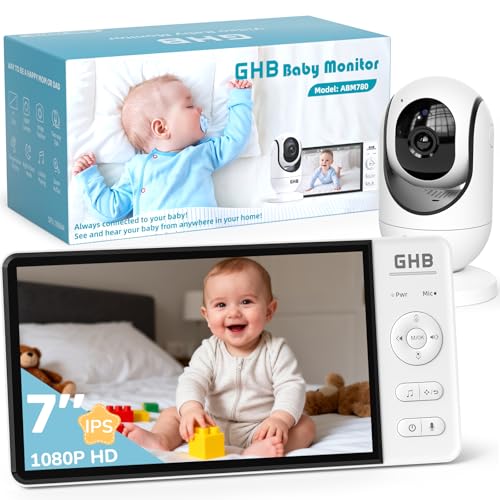 GHB Baby Monitor Video e Audio 7'', 350°/100° Rotante, 5000mAh IPS Schermo, Rilevamento della Temperatura, Visione Notturna, Modalità VOX, Interfono Bidirezionale, Ninna Nanna