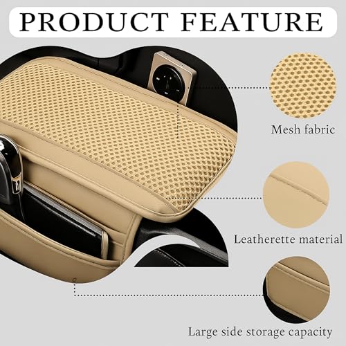 Image of DETACHI Car Center Console Armrest Cover Pad, PU Leather Mesh Armrest Cushion,Universal Fit for SUV /Truck /Car, Console Box Cover With 2 Mobile Pockets, Breathable Mesh Fabric Mat-(Beige, 31X18X2CM)