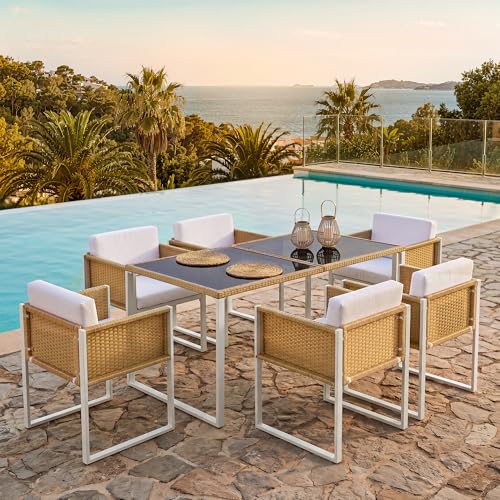Muskel Juego de mesa de comedor y silla de jardín de polirratán para 6 personas con sillones, fundas extraíbles y lavables