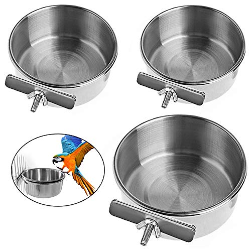 MiaoYi Bird Food Bowls-3Pcs Parrot Feeding Cups with Clamp Holder for Cage Stainless Steel Water Feeder Dishes for Small Animal