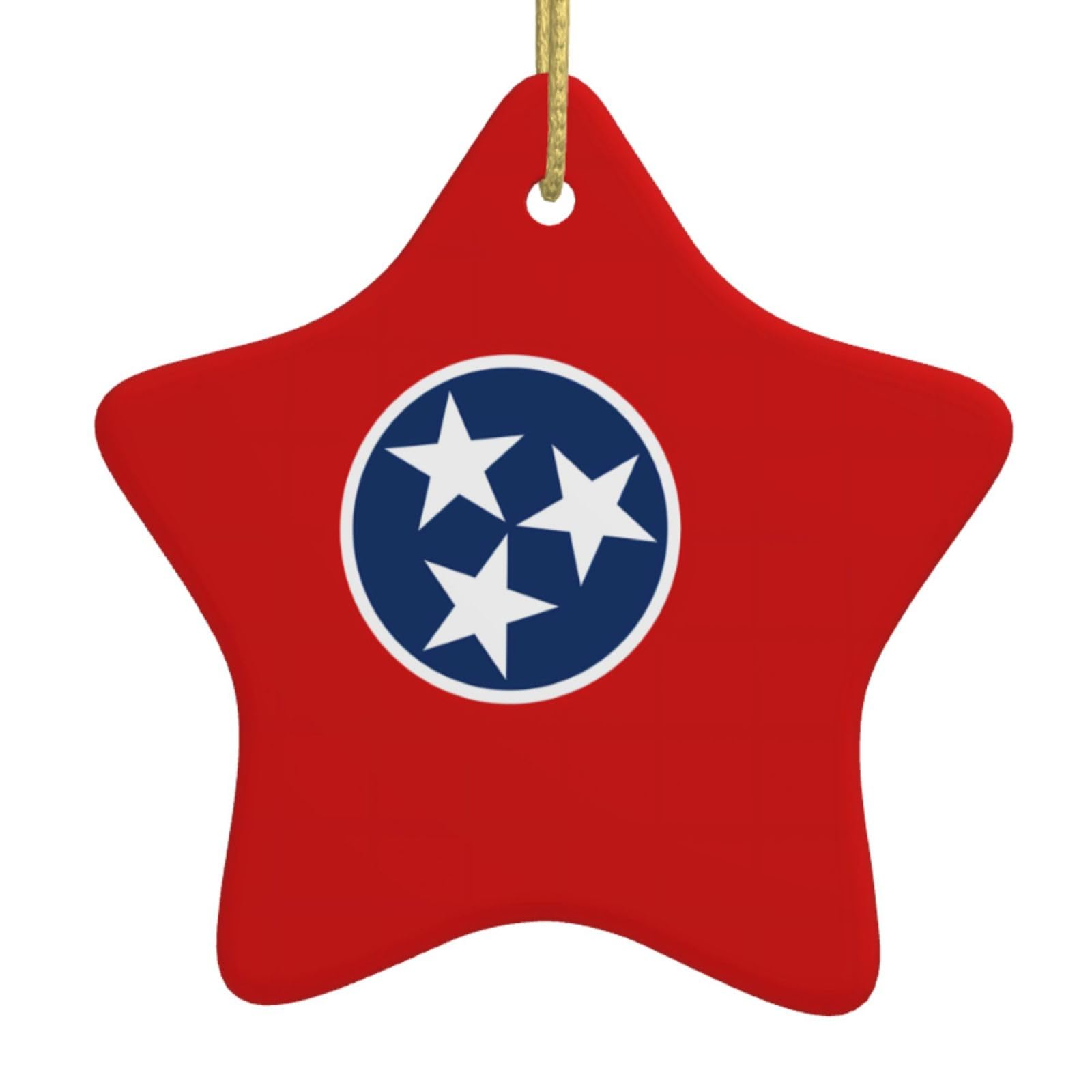 Tennessee State Flag Christmas Ceramic Star Pendant with Punched Holes and Gold Wire Rope, Christmas Tree Home Decoration