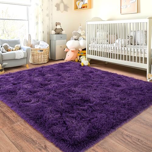 Chicnix Alfombra mullida de pelo largo para dormitorio, 120 x 160 cm, color violeta uva, alfombra de salón, alfombra suave para cama, antideslizante, para salón, habitación infantil