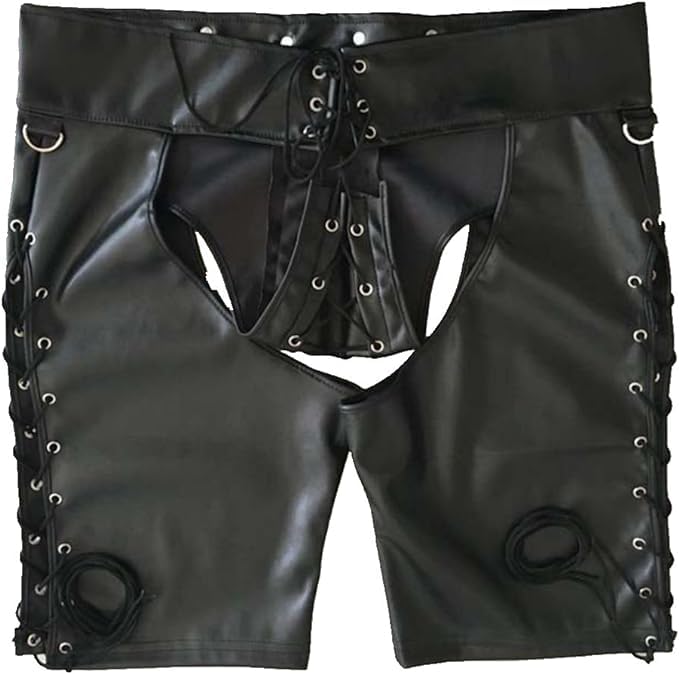 Men's Leather Chaps Shorts Gay Chaps Leather Shorts ClubWear Chaps Shorts with Side Laced Chaps4