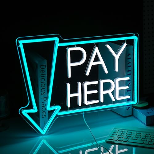 Image of Pay Here Neon Sign Bright Ice Blue White Pay Light Up Sign for Business Decor Dimmable LED Words Neon Light for Restaurant Shop Bar Neon Wall Decor (16.5 * 12.8 In)