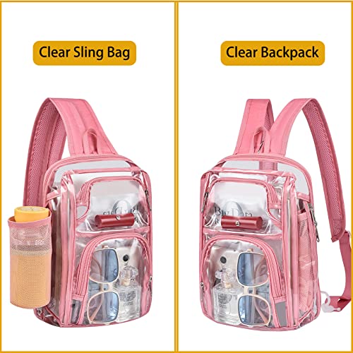 Busiuw Clear Backpack Stadium Approved Clear Sling Bag Clear Bag with Adjustable Reinforced Straps, 3 in 1 Clear Crossbody Bag for Festivals and Games (Pink)
