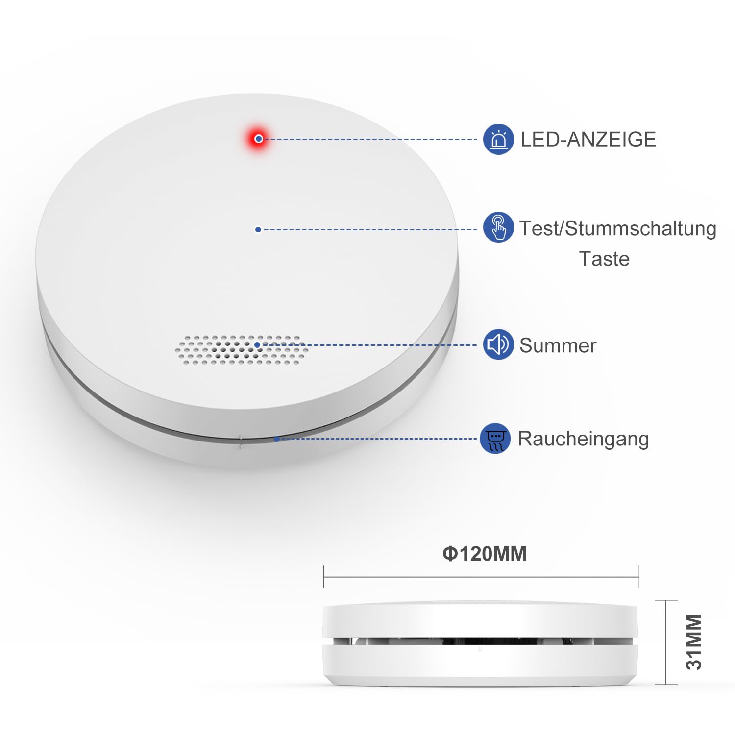 Rauchmelder 10 Jahre Batterie 5er Set, TÜV Rheinland Zertifiziert, 85dB Alarm, Stumm-Funktion
