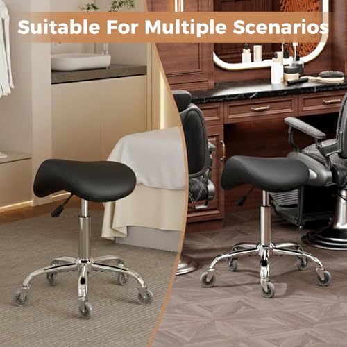 Image of BEWISHOME Ergonomic Saddle Stool, Height-Adjustable Rolling 360 Swivel Saddle Chair with Thickened Saddle Seat Padding, Saddle Stool with Wheels for Salons, Spas, Office, Black BMD02B