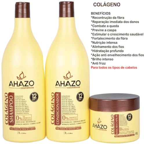 KIT TRATAMENTO CAPILAR MÁSCARA DE COLÁGENO PROFISSIONAL AHAZO 3 UND