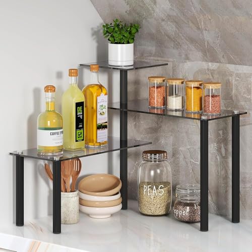 FAVOOSTY Organizador de encimera de cocina, estante de esquina móvil de 3 niveles, estantes de almacenamiento de vidrio para baño, estante de especias, estante de plantas, barra de café, sobre