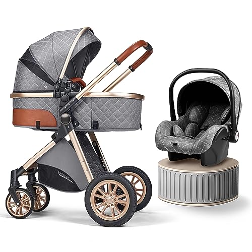 Image of Luxury Pram High Landscape Baby Stroller Folding Pushchair Vista Stroller with Reversible Stroller Seat (Gray)