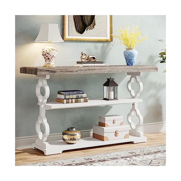 Tribesigns Farmhouse Console Table, 55 inch Rustic Entryway Sofa Table with Storage Shelves, 3 Tier Wood Long Accent Entry Table for Hallway, Entrance, Living Room, Foyer, Grey&White