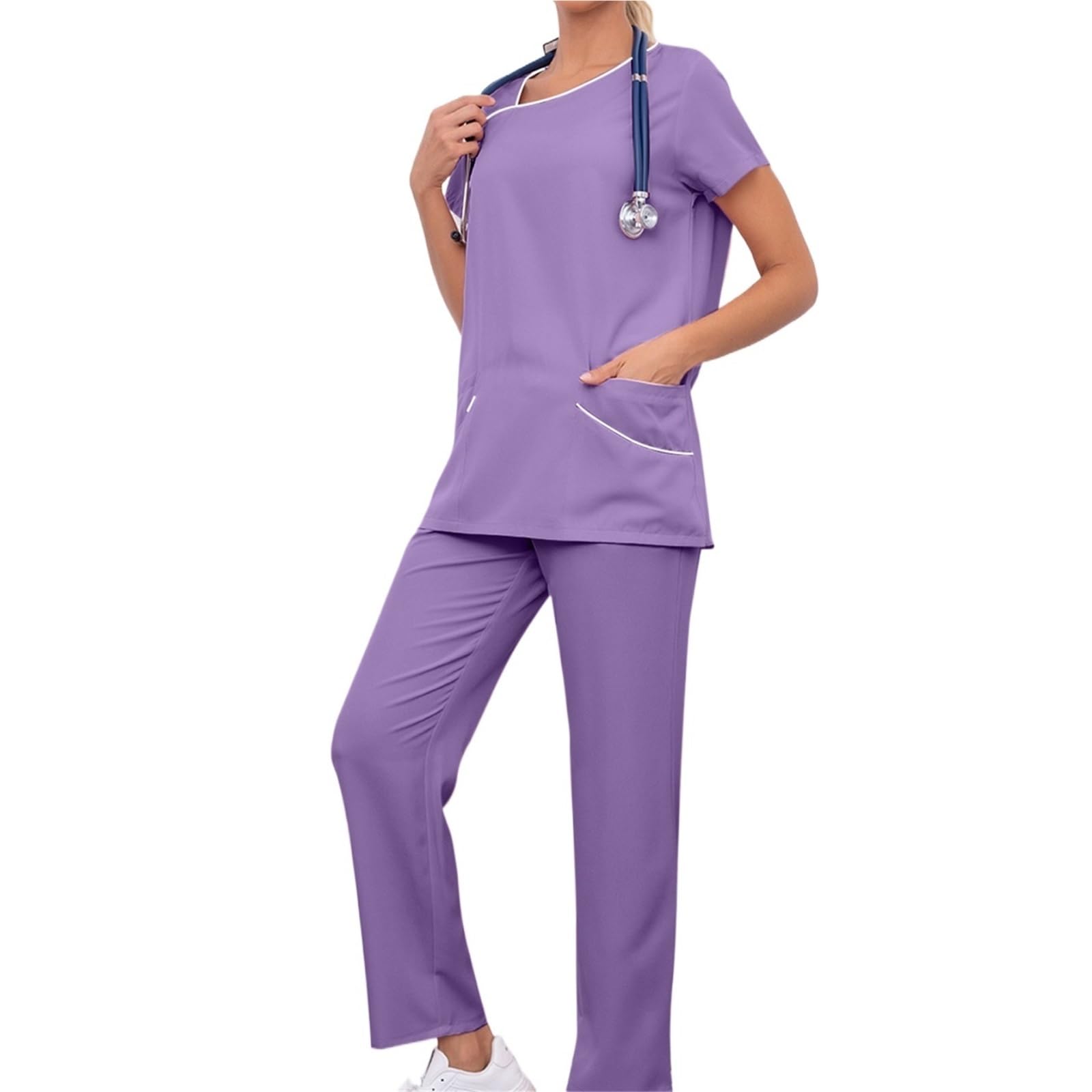 AHUFGN Nurse Scrubs Women Women's Nurse Scrub Set Short Sleeve Multi-Color Contrast Pocket Long Pants Medical Cozy Professional Workwear(Purple,XXL)