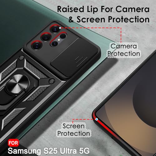 Image of TheGiftKart Tough Armor Bumper Back Cover Case for Samsung Galaxy S25 Ultra 5G | Sliding Camera Cover, Kickstand & Ring Holder | 360 Degree Protection Back Case for Samsung S25 Ultra (PC & TPU, Black)