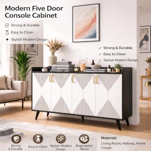 Image of Spyder Craft Mid-Century Modern 5-Door Sideboard Buffet - Geometric Diamond Pattern Credenza with Gold Hardware & Tapered Legs - Large Wood Storage Cabinet for Living Room, Dining Room- Black & White