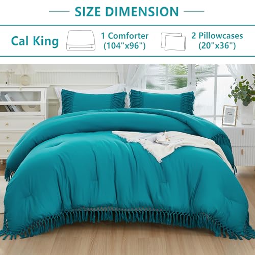Image of Andency Turquoise Comforter Set California King, 3 Pieces Boho Tassel Lightweight Soft Bedding Comforter Sets for King Bed, All Season Fluffy Fringe Bed Set (104x96In Comforter & 2 Pillowcases)