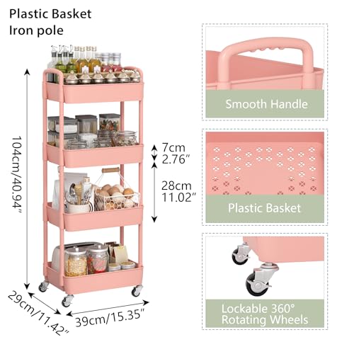 Image of Sywhitta 4-Tier Plastic Rolling Utility Cart with Wheels for Storage, Pink | Multi-Functional Storage Trolley, for Office, Living Room, Kitchen, Bathroom,Movable Organizer,Space-Saving,Easy to assemble