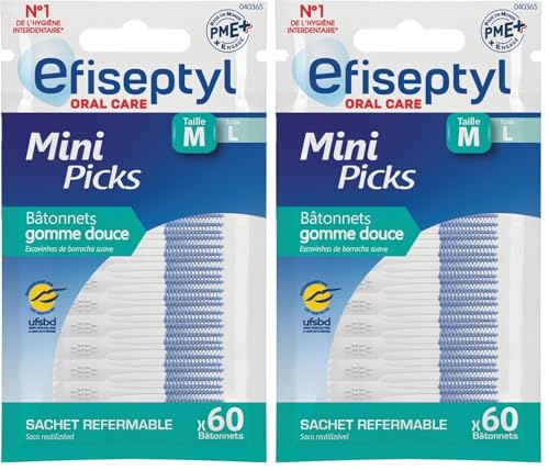 Efiseptyl - 60 Mini Picks - Bâtonnets Gomme - Doux et Facile d'Utilisation - Sachet Refermable (Lot de 2)