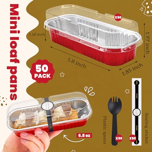 Image of NPLUX Mini Loaf Pans with Lids, 50 Pack Red 6.8oz for Dessert Tables | Use for tasting samples, dessert bars, fruit cups and brownies; cover-after-cooling setup helps cut repacking steps.
