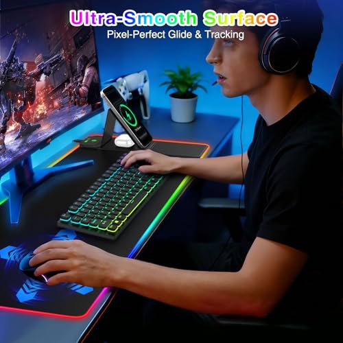 Image of XL RGB Gaming Mousepad, 25 Lighting Effects, 15W Fast Charging, Phone Stand | 31.5 inchx11.8 inch Extended Keyboard Mat Pad with Stitched Edges, Ultra-Smooth Waterproof Surface, Non-Slip Base
