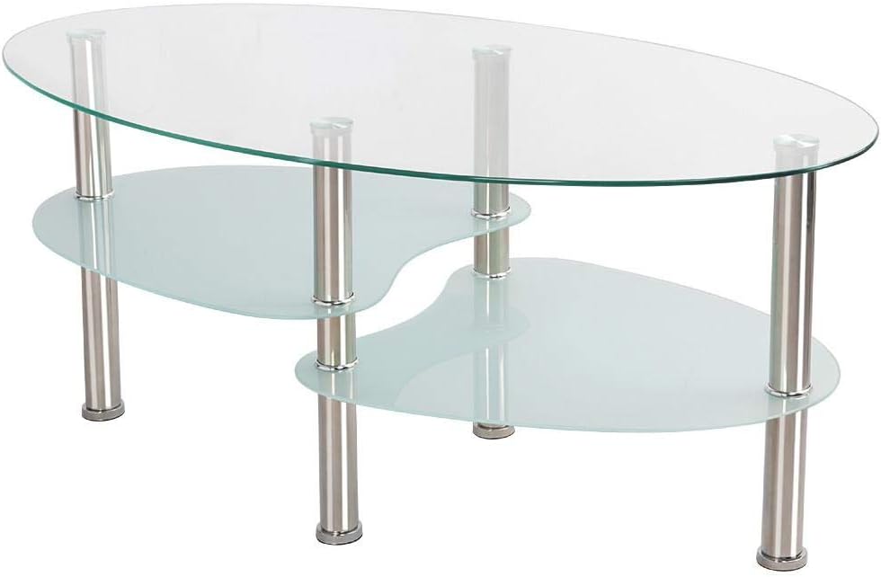 Yaheetech Round Oval Glass Top Coffee Table Center Table Sofa Side Cocktail Tables for Living Room Stainless Steel Legs Clear
