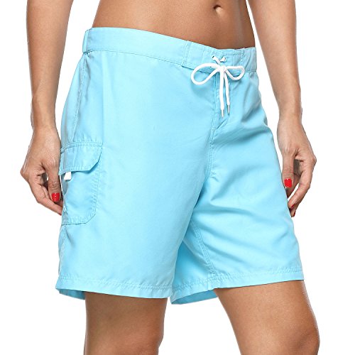 Vegatos Women's Long Swim Shorts Quick Dry High Waist Beach Boardshorts Blue L