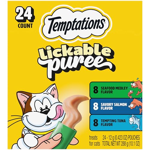 Temptations Creamy Puree Squeezable Lickable Cat Treats Wet Cat Treats with Tuna Salmon and Seafood Medley Variety Pack 0.42 oz. Tubes 24 Count