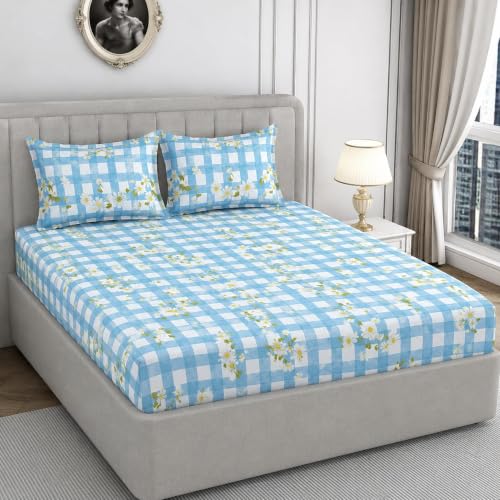 Image of 380 TC Premium Glace Cotton Elastic Fitted Bedsheet King Size with 2 Pillow Covers King Size | Double Bed with All Around Elastic (BlueCK, Fitted - 72 inchx78 inch King)
