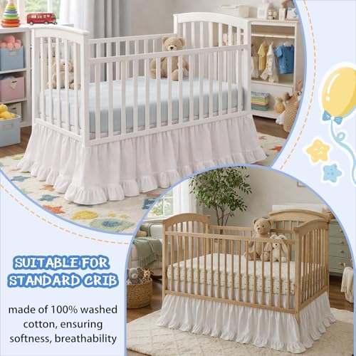 Image of Hahafelt White Crib Skirt for Baby Girls Boys, 100% Washed Cotton Bed Skirt