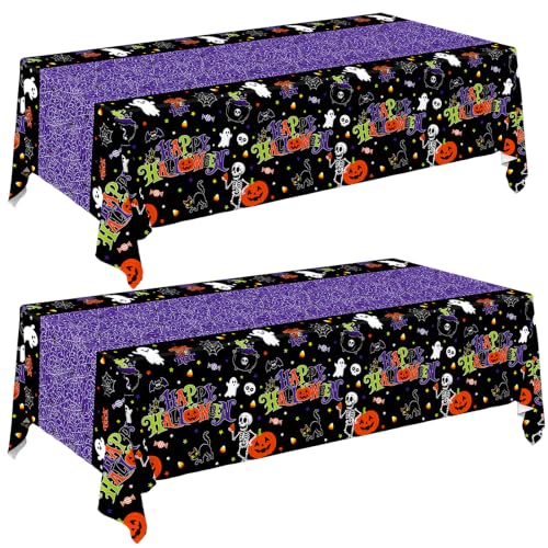 Image of 2 Pack Halloween Tablecloth, 54 x 108 Inch Disposable Plastic Table Cover, Purple Halloween Party Decorations for Halloween Decor Party Supplies