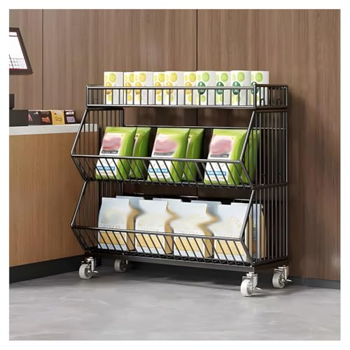 Présentoir de vente au détail à roulettes noir avec étagère de rangement pour magasin et cuisine