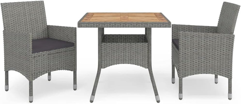 3 Piece Patio Dining Set,Cafes Table Chairs,Balcony Furniture,Chairs with Thick Padded Cushions,Assembly Required,Used in Restaurant, Bistro, Coffee Shop,Balcony,Gray Poly Rattan and Acacia Wood