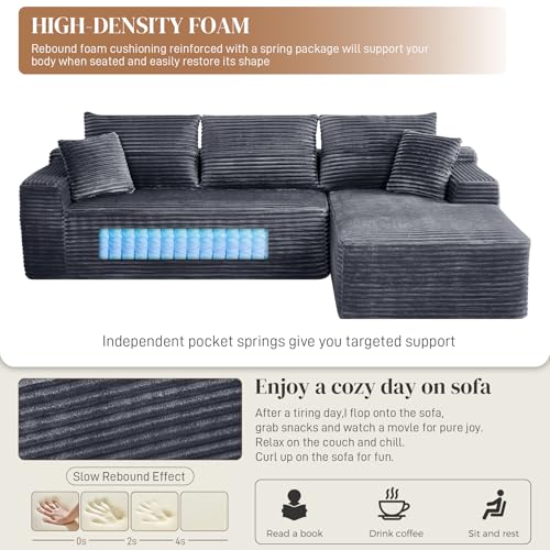 Image of 108 inch L Shaped Cloud Boneless Sectional Couches for Living Room, Modern Comfy Modular Deep Seat Memory Foam Compressed Corduroy Sofa Oversized Right Facing Chaise, No Assembly Required, Grey