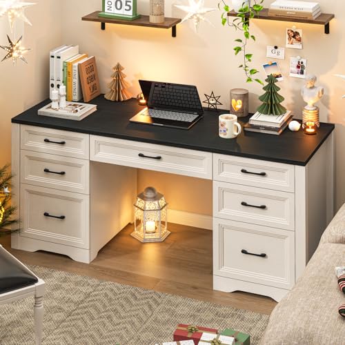 Image of Vabches Farmhouse Executive Desk, Wood Home Office Desk with 2 Large File Drawers and 5 Storage Cabinets, Rustic Writing Desk for Work and Study, Black