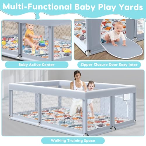 Image of Fshibila 65 inch x50 inch Large Baby Playpen with Mat, Baby Playard for Babies and Toddlers, Play Pens for Indoor & Outdoor, Sturdy Safety Play Yard with Soft Breathable Mesh, Anti-Fall, Grey