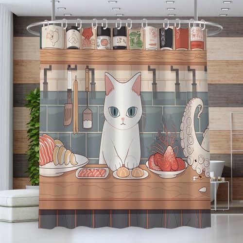 ZISTRCBAO Tenda Doccia 120 * 180cm,Lavabile Anti-Muffa Impermeabile Asciugatura Rapida con 12 Ganci,Tenda Vasca da Bagno per Casa Hotel,Filetto Gatto Cibo Delizioso modello