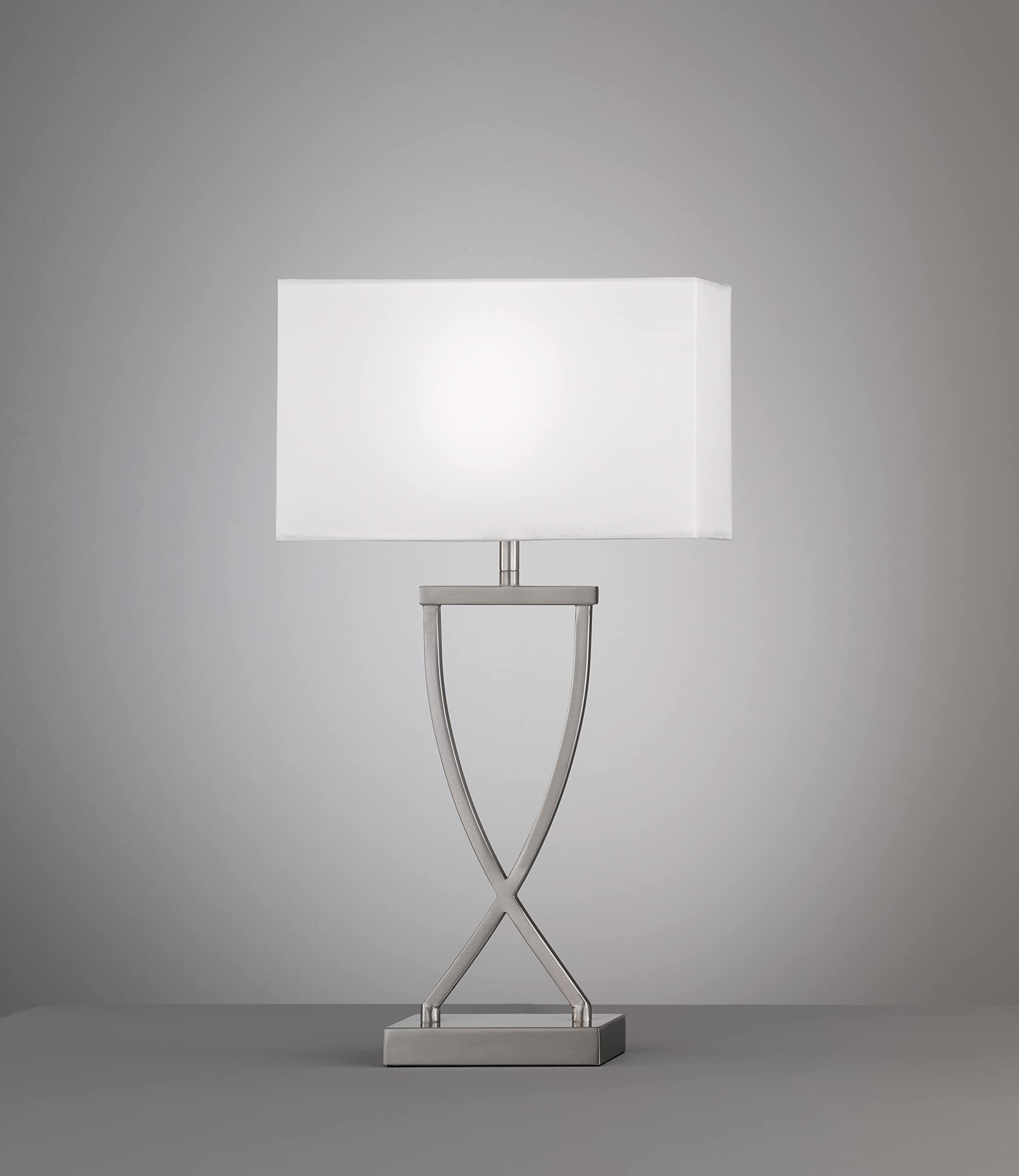 Fischer & Honsel Tischleuchte Anni, Tischlampe mit Stoff-Lampenschirm und aufwändigem Gestell, Schreibtischleuchte aus Metall in Nickelfarben matt & Weiß, E27-Fassung, 27x12x51cm