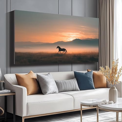 Peinture à l'huile cheval sur toile grand format coucher de soleil 80x140cm