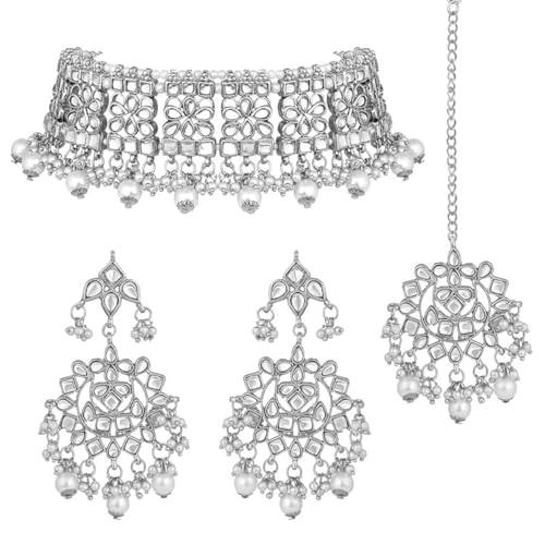 Aheli Elegant Indian Faux Kundan Studded Choker Necklace with Earrings Maang Tikka Set Traditional Ethnic Wedding Wear Fashion Jewelry Gift for Women - Main Image