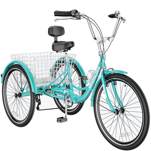 H&ZT Adult Tricycle, 3 Wheeled Bike, Trike Cruiser Bike, with 7-Speed Gear, Parking Brake Handle, Low Step, Large Rear Basket, Elderly Friendly, for Men, Women, and Teens