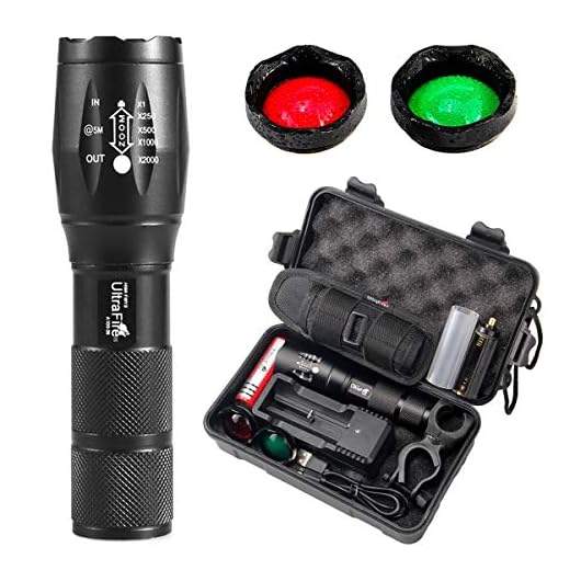 UltraFire A100 Tactical Flashlight, 900 Lumens 5 Modes LED Zoomable Hunting Flashlight Torch with Duty Belt Flashlight Holster, UFB26 Rechargeable Battery, Red/Green/White Exchange Glass