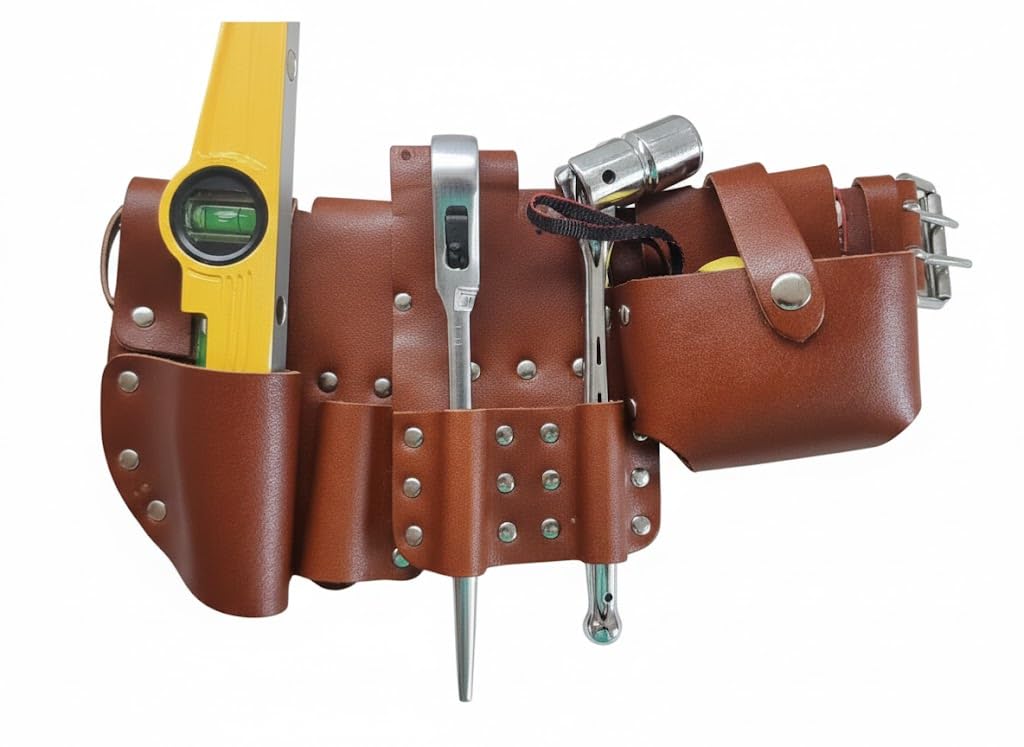 Bbi Ltd Brown Scaffolding Leather Bbi Tool Work Belt With Tool Set Spanner Ratchet Level Tapepouch/Pockets/Frog (Belt 1721 Ratchet 716 Spanner Level Tape)