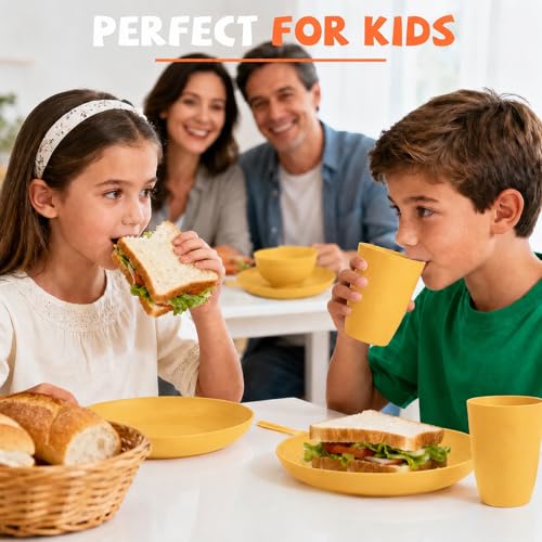 Image of 20 Piece Wheat Straw Dinnerware Sets for 4, Unbreakable Dish Set,Reuseable Kids Plates and Bowls Sets for 4, Lightweight Kitchen Dishware Set for Camping, Picnic, and Famliy Meal - Yellow