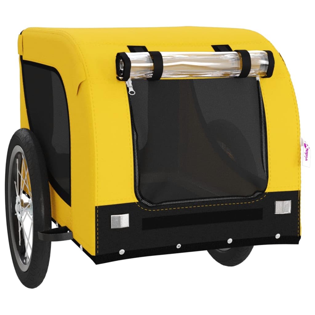 Fahrradanhänger für Hunde Gelb Schwarz Oxford Gewebe und Eisen mit PVC Fenster, 124 x 65 x 66 cm, 45 kg, faltbar für Tiertransport