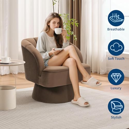IDEALHOUSE Swivel Accent Chair with Armrests, 360° Mid Century Modern Swivel Barrel Chair, Modern Cozy Velvet Armchair for Living Room, Bedroom, Small Space, Brown - Image 5