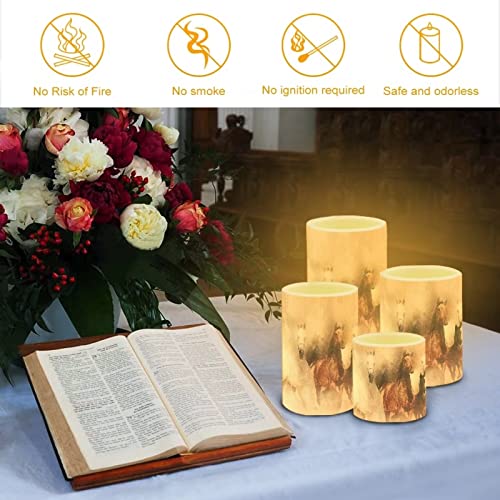 Image of Vintage Running Horse Outdoor Waterproof LED Candles Battery Operated Set of 4 with Timer Remote Colour Changing Pillar Candles for Fall Halloween Decor