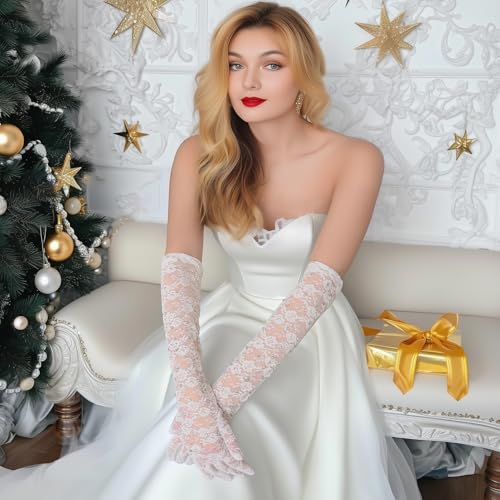 Lace Arm Sleeves for Women, White Lace Gloves for Wedding Tea Party Pattern Engagement Dress Small Size4