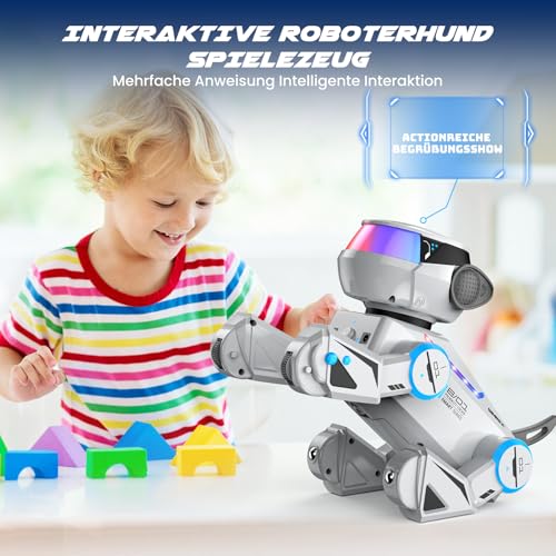 SIMREX Roboter Hund Spielzeug für Kinder, Interaktiver intelligenter Roboterhund mit Berührungssensor, Bluetooth-Fernbedienung, Tanz-Tricks, LED-Augen, Geburtstagsgeschenk für Jungen und Mädchen, Grau